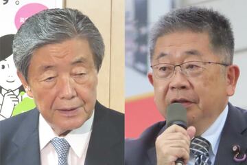 自民・森山総務会長（左）と共産・小池書記局長