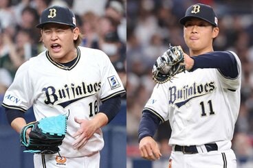 手術のため戦列を離れているオリックス・宮城大弥(左)と山下舜平大