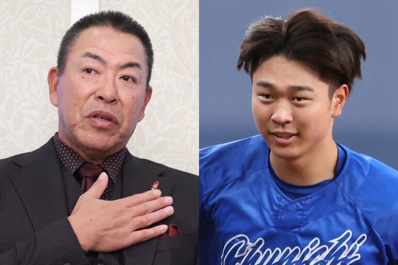 中日・井上監督(左)から今季の投手キャプテンに任命された高橋宏斗