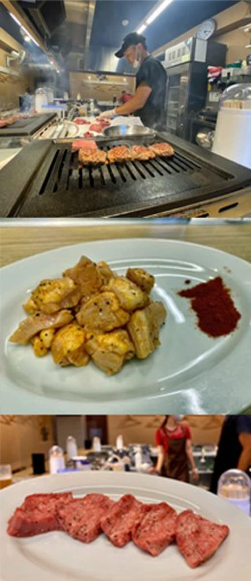  【写真上】店内はカウンターのみ。網に乗ってるのはハラミ【写真中】ミノも最高。ごま油とニンニクで下味をつけ、焼いたら薬味のとうがらしをつけて食べる【写真下】絶品のタン
