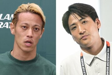地上波のチュニジア戦放送で、コンビを組んだ本田圭佑(左)と日本テレビ・山本紘之アナウンサー