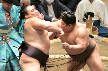朝乃山(左)を押し出しで破った伯乃富士