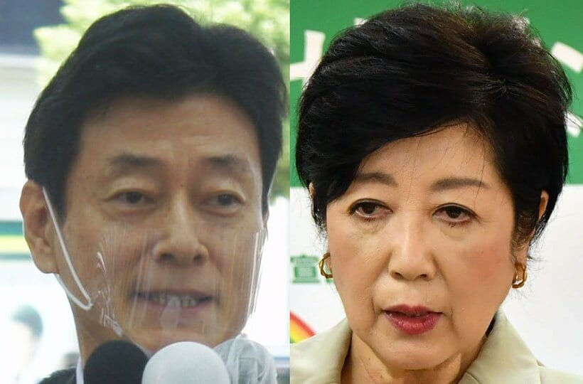  西村経済再生担当相（左）と小池都知事