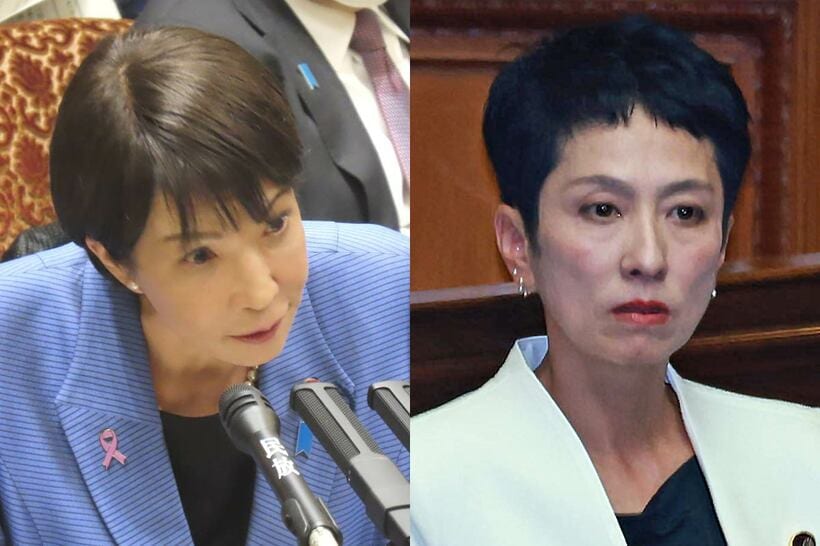 高市早苗首相（左）と蓮舫氏