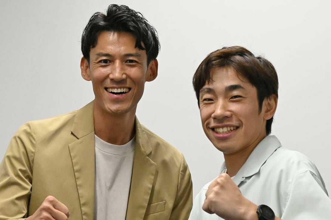 織田信成(右)とイケメンのＡＢＣ・高野純一アナ