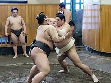  稽古で相撲を取る阿炎（右）