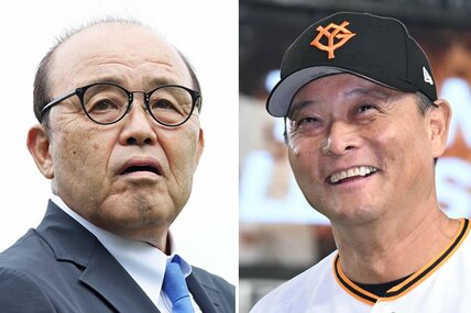 阪神の岡田彰布オーナー付顧問(左)と、今季途中から指揮を執った巨人・橋上監督代行