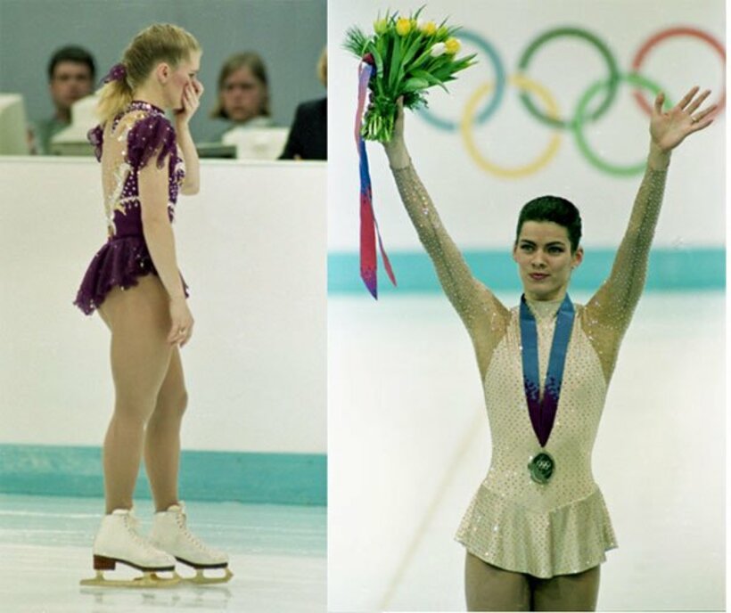  【写真左】演技を中断したハーディングは泣きながら審判席へ向かった【写真右】ケリガンはプレッシャーに打ち勝って銀メダルを獲得