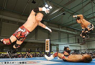 内藤（下）に抜群の連携技を見舞う天山（左）と小島