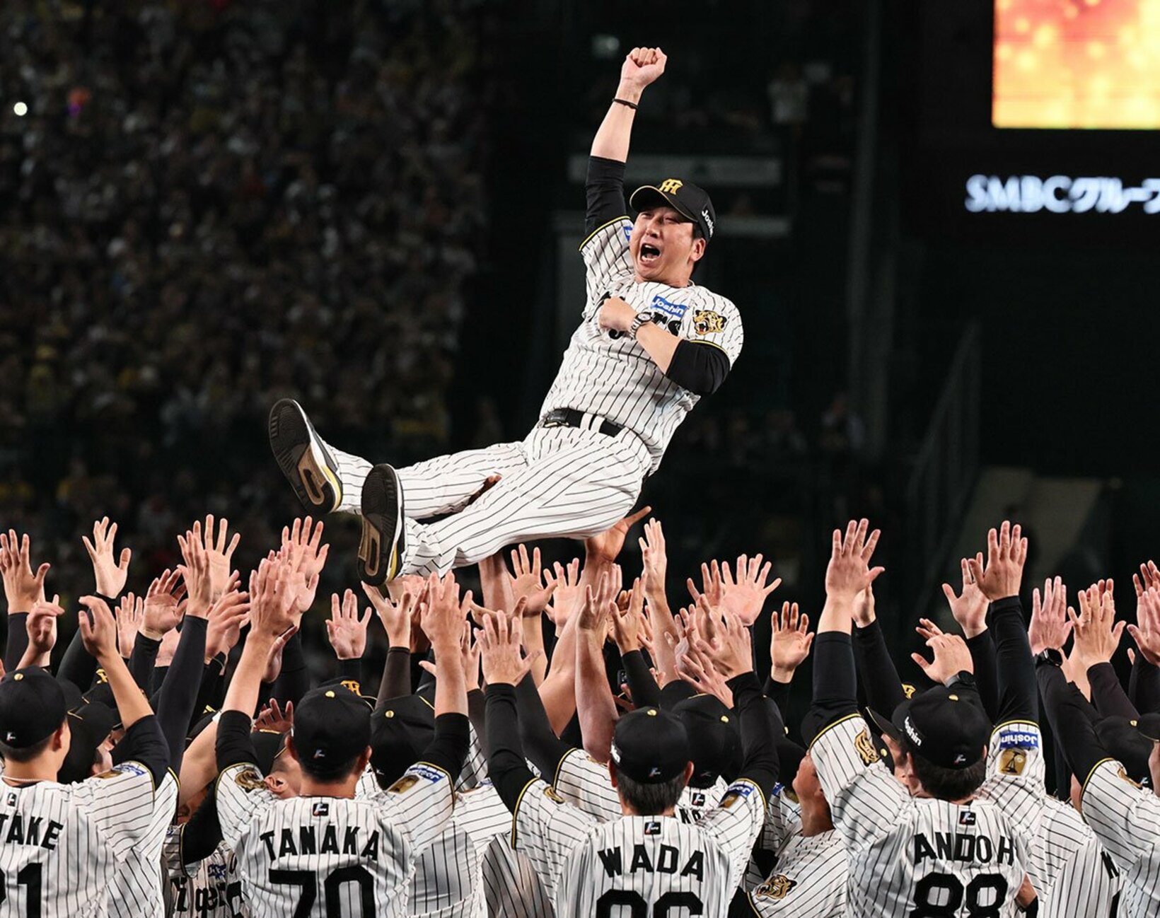 胴上げ中に「マリオ」のようなポーズを見せる阪神・藤川監督　