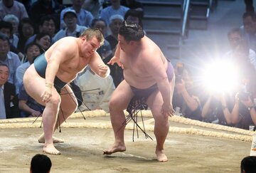 安青錦（左）は美ノ海を寄り切って２連勝
