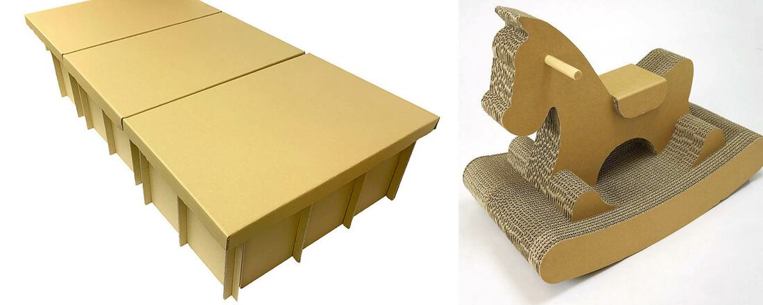 災害用段ボールベッド（左）とロッキングポニーボード（同社提供）