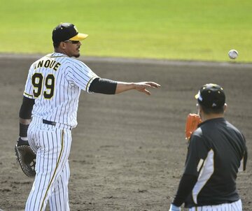  井上ヘッドのユニホームで練習した阪神・マルテ(左)