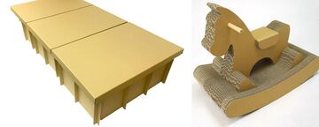 災害用段ボールベッド（左）とロッキングポニーボード（同社提供）