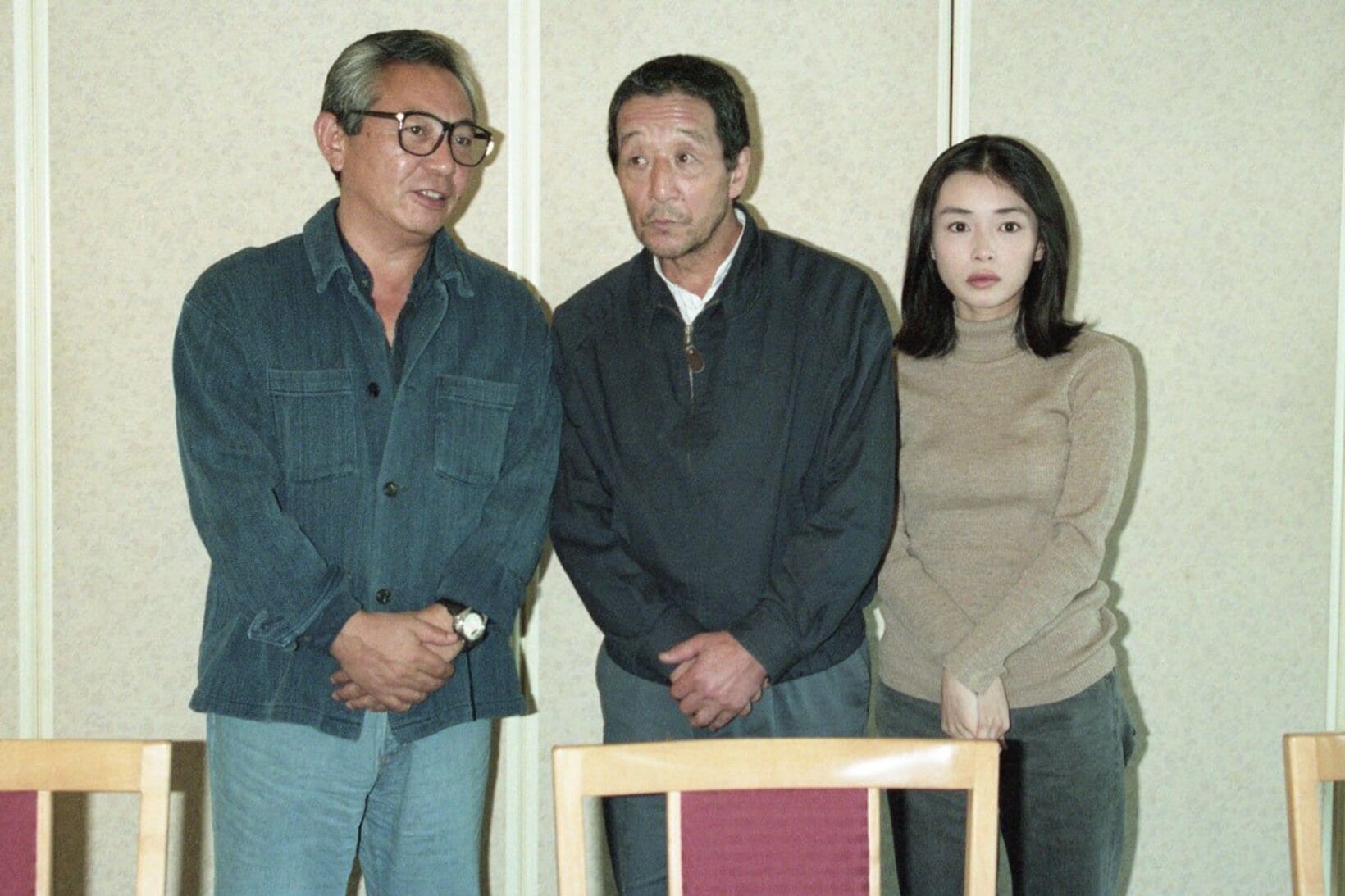 「北の国から」に出演した田中邦衛さん(中)、中嶋朋子(右)と倉本聰さん（1995年）