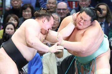 琴桜（右）を寄り切った安青錦