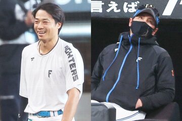 引退試合を行った日本ハム・中島卓也(左)と、戦況を見守る新庄監督