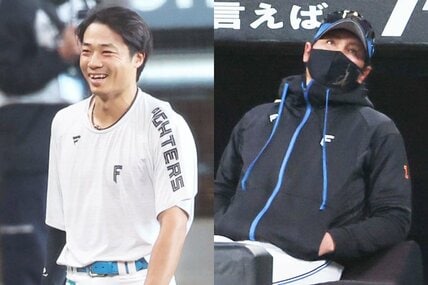 引退試合を行った日本ハム・中島卓也(左)と、戦況を見守る新庄監督
