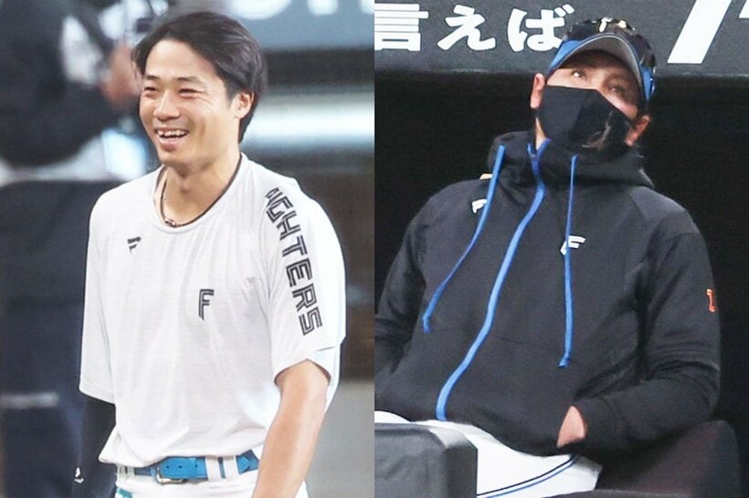 引退試合を行った日本ハム・中島卓也(左)と、戦況を見守る新庄監督