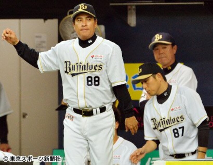 二軍降格が決まった前田バッテリーコーチ（右手前）。このまま低迷が続くと森脇監督（左）の立場も…