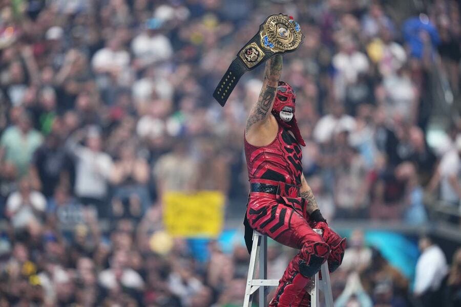 王者ペンタが激闘の６WAY戦を制し、ラダー上でベルトを掲げる（ⒸWWE）