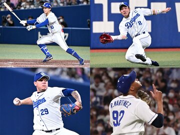 左上から中日・岡林、大島、左下からロドリゲス、Ｒ・マルティネス.