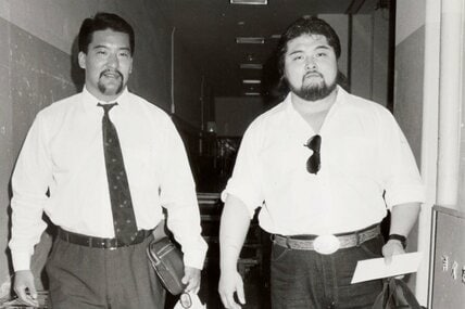 欧州遠征で珍道中を繰り広げた蝶野正洋(左)と橋本真也(1989年)