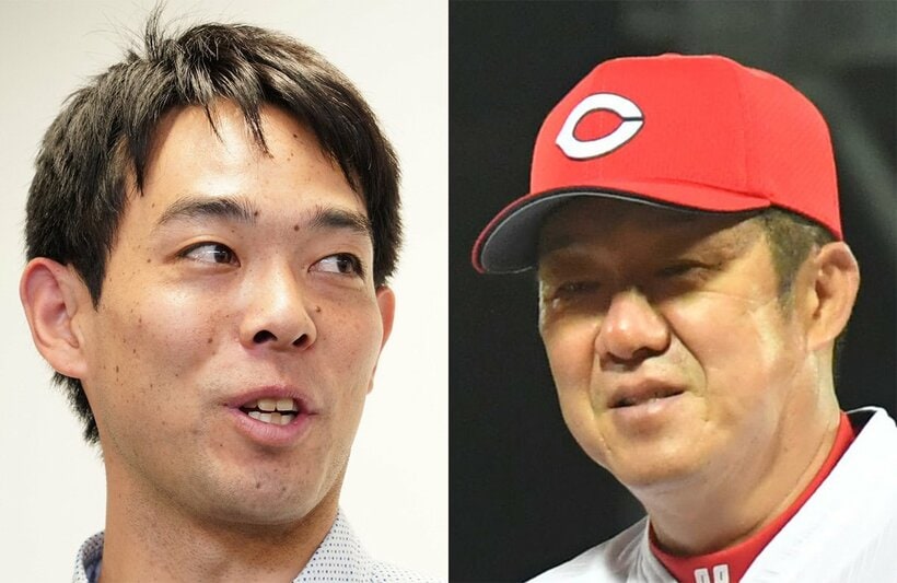  秋山翔吾(左)と広島・佐々岡監督（東スポWeb）