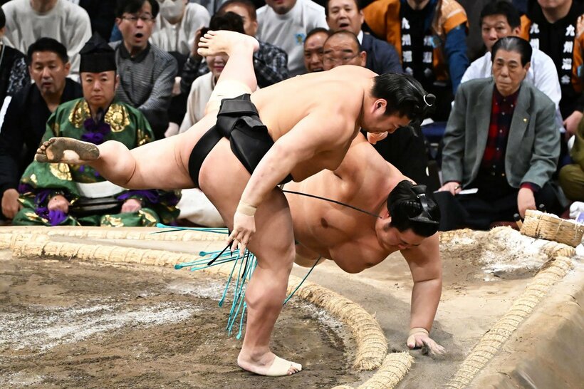 若元春(手前)の上手投げに屈した琴桜