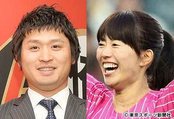 中田賢一（左）と角野友紀アナウンサー