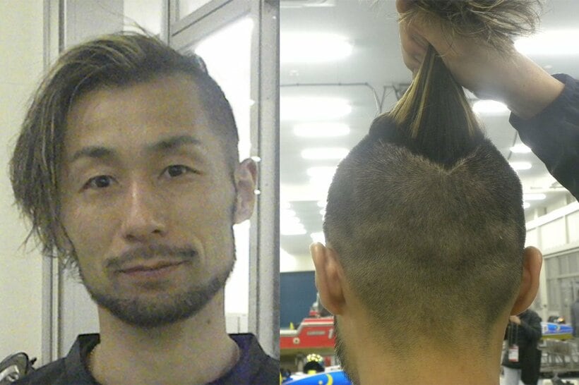 Ｖ字モヒカンを披露する下河誉史