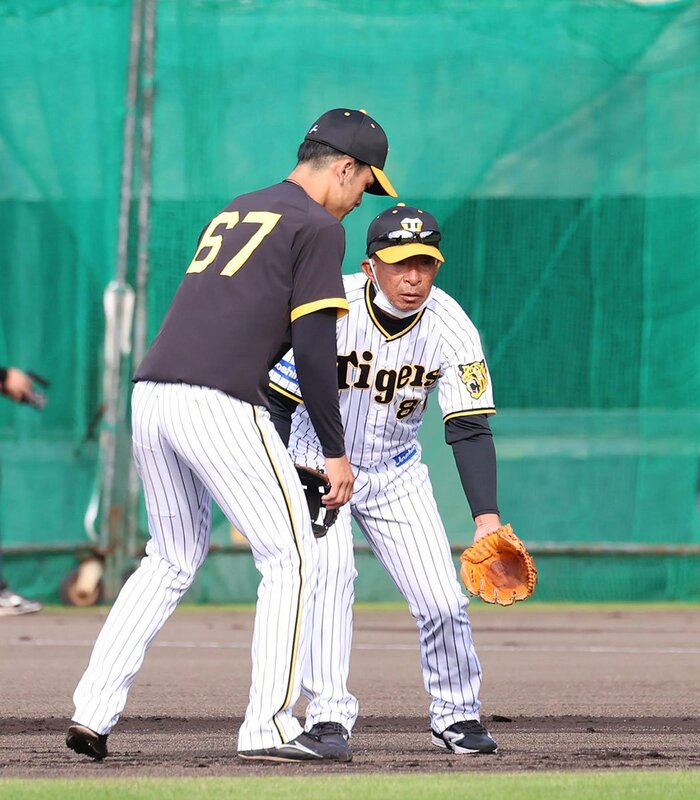 守備を指導する阪神・馬場コーチ(右)