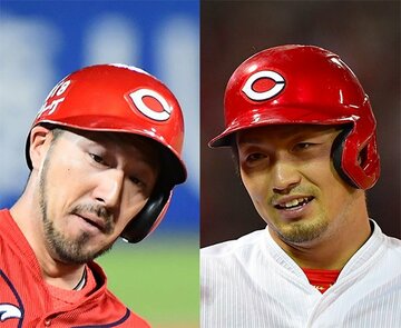  広島・菊池涼(左)と鈴木誠