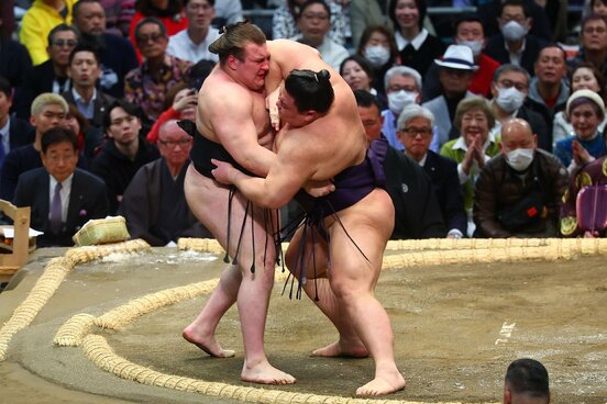 義ノ富士(右)の厳しい攻めを受けた安青錦