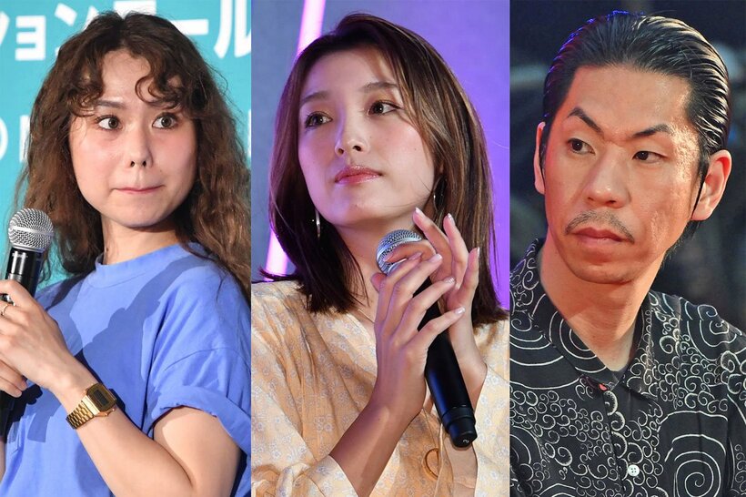 左からｐｅｃｏ、木下優樹菜、呂布カルマ