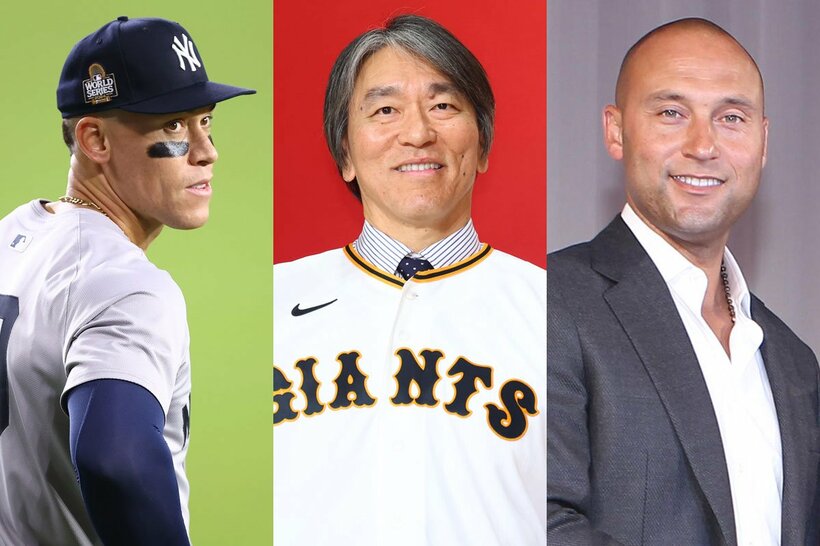 ヤンキースの主砲ジャッジ(左)、巨人新監督の松井秀喜氏(中)、ヤンキースの英雄ジーター氏