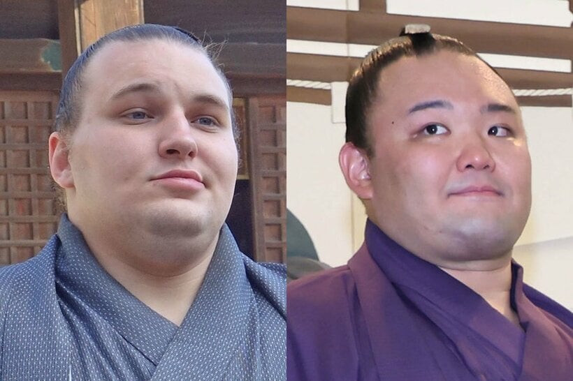 新大関の安青錦(左)と、幕内再復帰の朝乃山