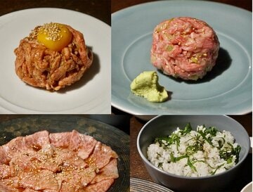  【写真上】白い塩ユッケ（右）と赤いタレユッケで紅白ユッケ合戦【写真下】ロース(左)と青じそごはんの組み合わせが無限ループにいざなう