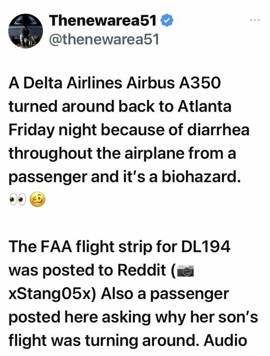 デルタ航空の緊急着陸の内容を記したX（@thenewarea51から）