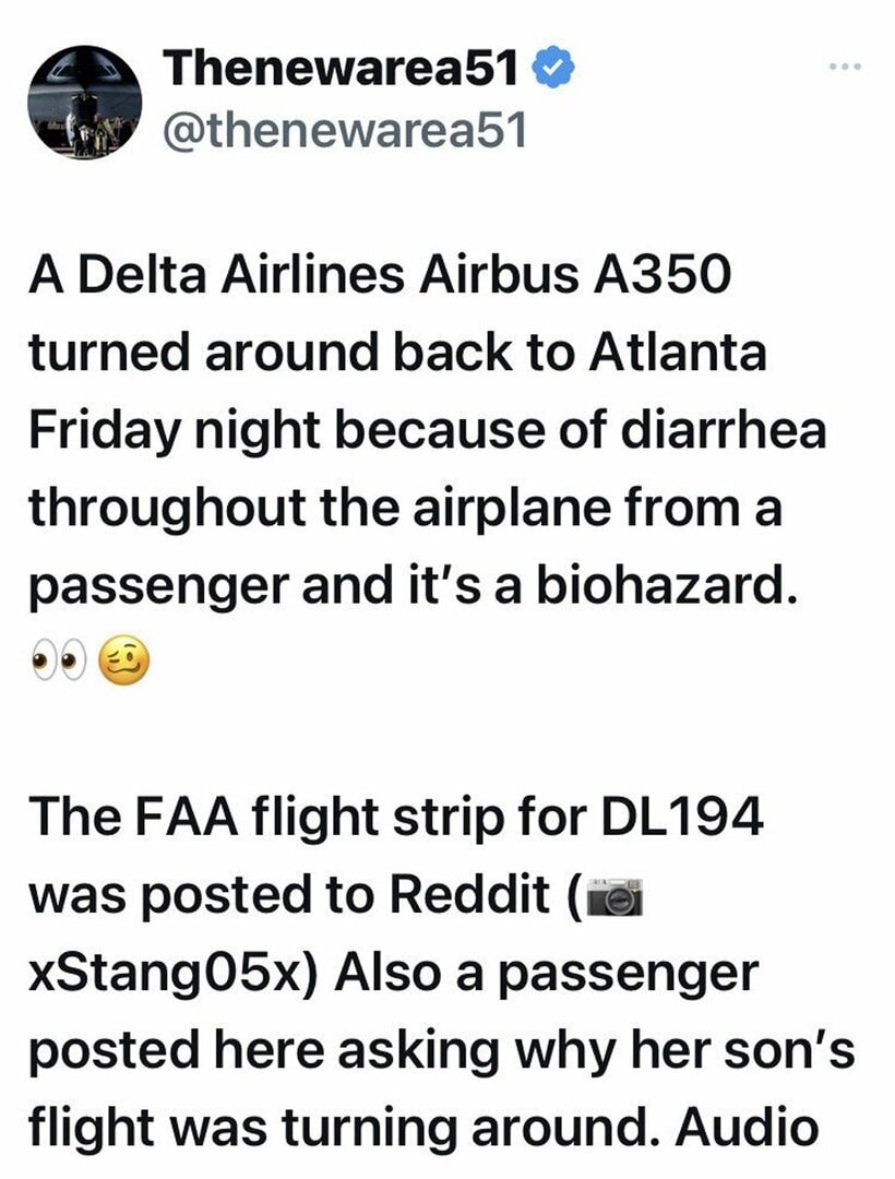 デルタ航空の緊急着陸の内容を記したX（@thenewarea51から）