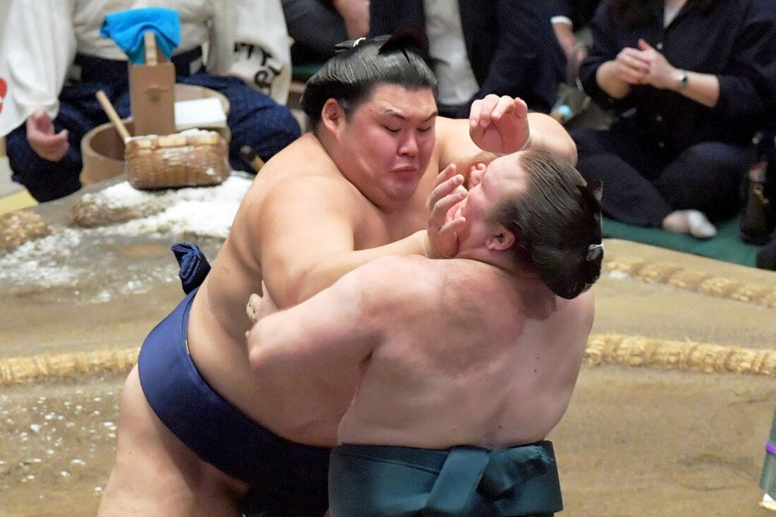 安青錦(右)を相手に、気迫の突き押しを見せた大の里