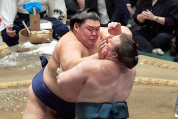 安青錦(右)を相手に、気迫の突き押しを見せた大の里