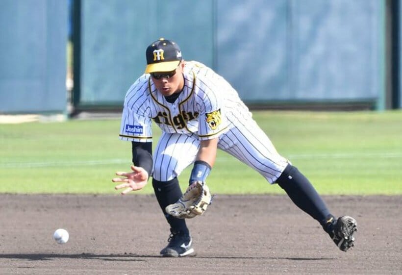  三塁守備をする阪神・佐藤輝