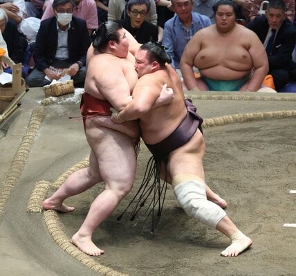 朝乃山（右）に寄り切られた熱海富士