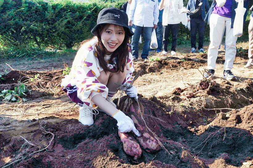 ファンクラブ会員限定のバスツアーで「芋掘り」を楽しんだ石原夏織.