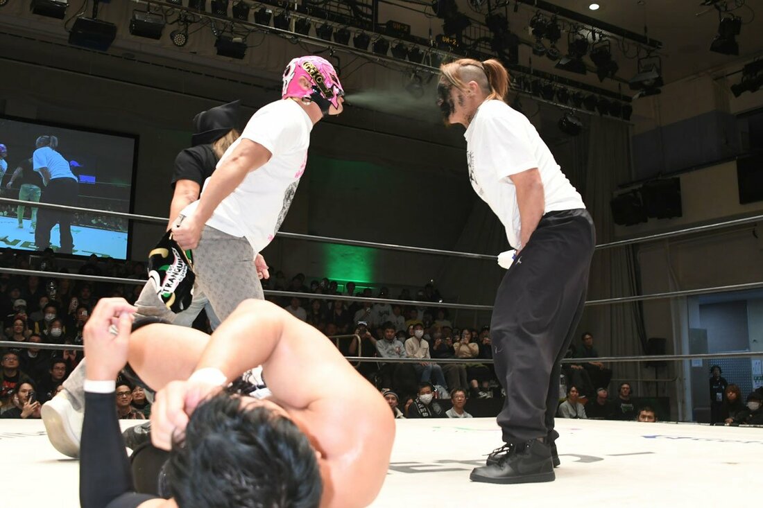 HAYATA(右)に黒毒霧を噴射するBUSHI