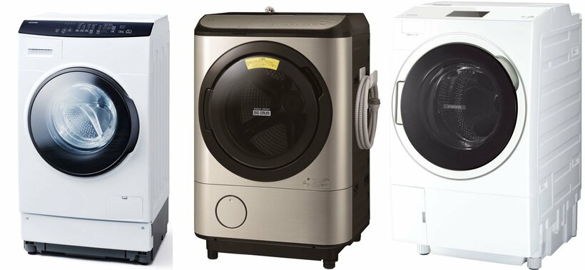  （左から）アイリスオーヤマ「ドラム式洗濯機（乾燥機能付き）」、日立「ビッグドラム」、東芝「ＺＡＢＯＯＮ」