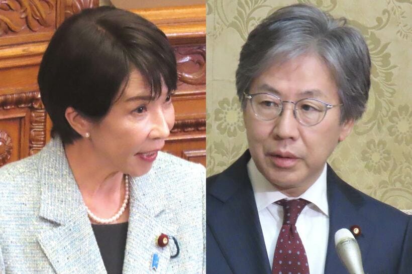 高市首相（左）と安住淳氏