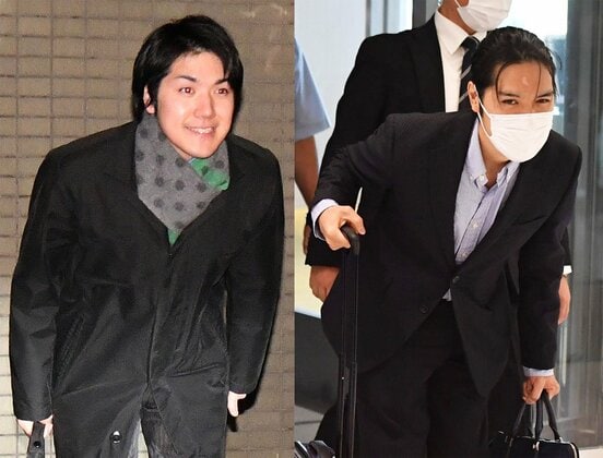  報道陣に挨拶する小室さん（左は２０１８年２月、右は２０２１年９月）