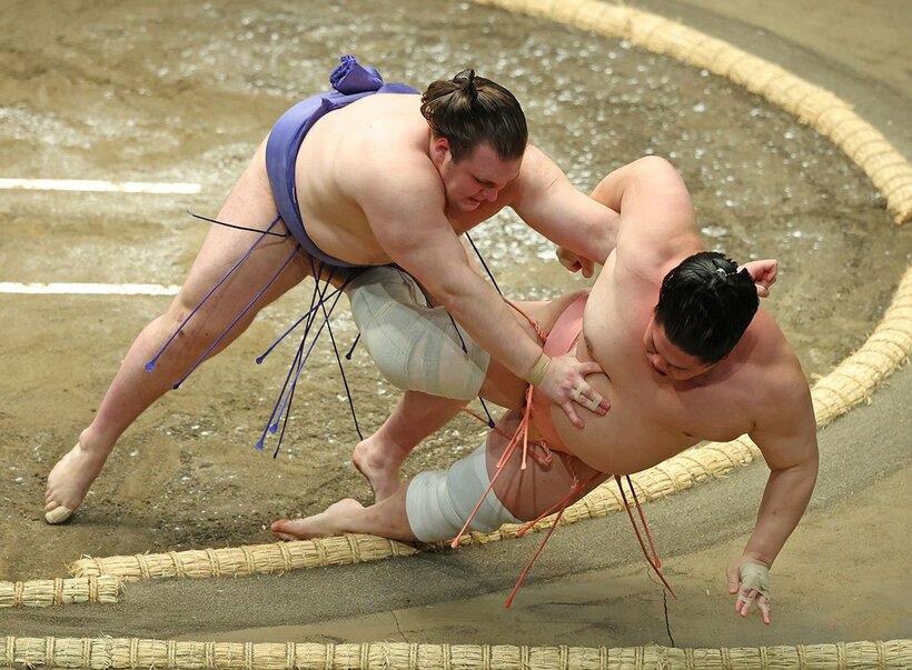 寄り倒しで宇良(右)に勝利した安青錦